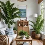 Coastal Living Room with couches, fireplace, and nautical decor