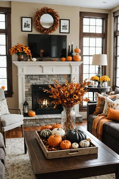 fall decor living room with a fireplace, couch , chairs and windows 