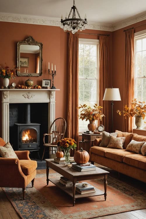 Vintage-style living room with warm autumn decor in colors of orange