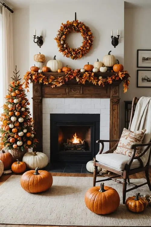 cozy rustic vintage family room with a fireplace with decorations of pumpkins and fall leaf garland