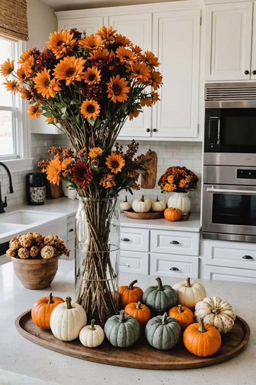 fall flowers and pumpkins in a white kitchen