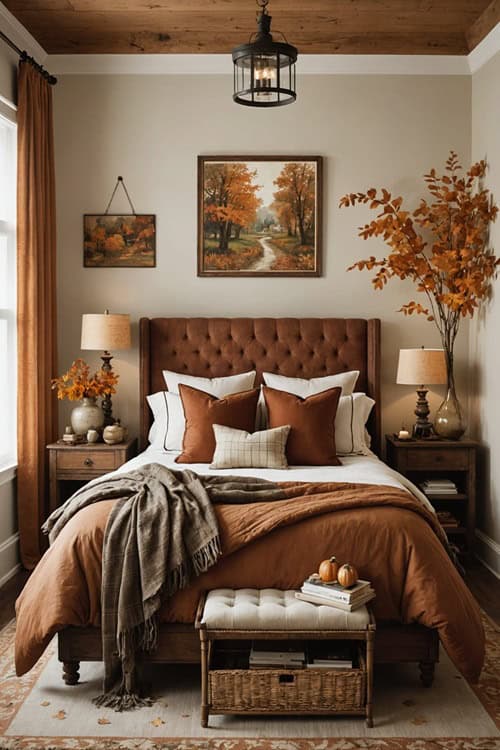 Traditional bedroom with earthy war autumn decor 