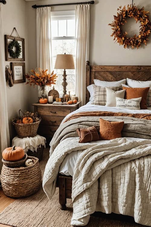 cozy rustic farmhouse bedroom with earthy natural autumn decor