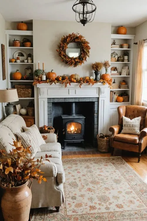 cozy vintage farmhouse sitting room with earthy natural autumn decor