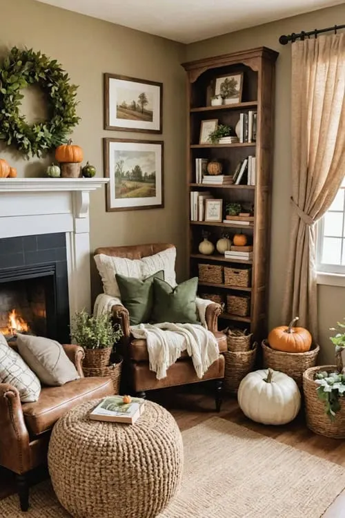 cozy farmhouse living room reading corner with two chairs , bookcase, fireplace in earthy brown and green autumn decor