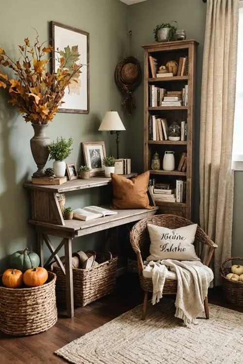 cozy rustic farmhouse bedroom reading corner with earthy brown and green natural autumn decor 