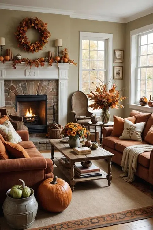 Traditional living room with earthy warm autumn decor, couches and a fireplace