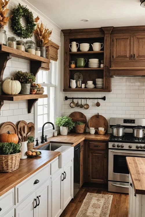 farmhouse kitchen with earthy brown and green autumn decor and white and wood cabinets