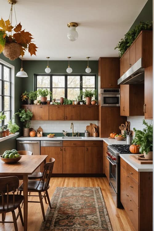 Midcentury modern kitchen with green walls. wood cabinets and fall decor