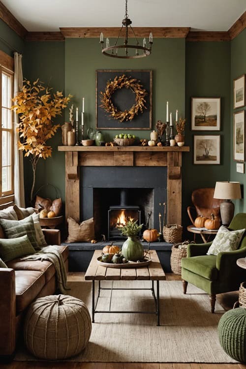 Vintage-style rustic living room with fireplace, couch, and green walls 