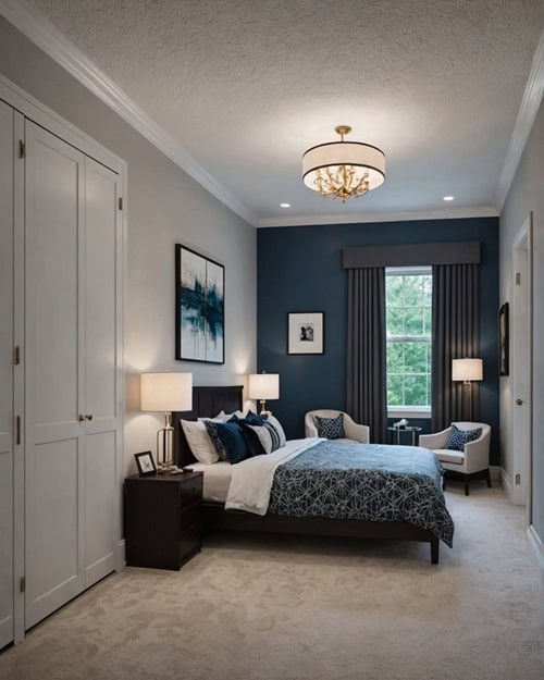 _large guest bedroom with bed, night stands, wall art and two chairs in front of a window