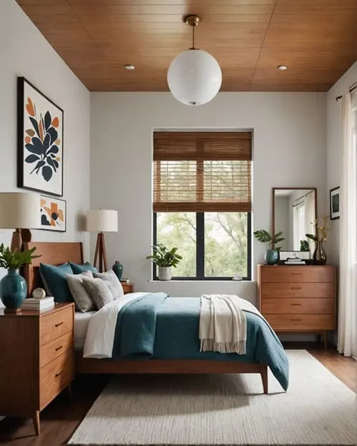 mid century modern guest bedroom with night stands, lamp and a dresser