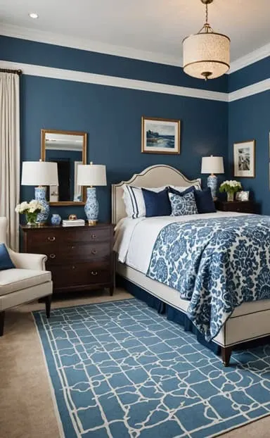 blue guest bedroom with night stands, lamps and a chair