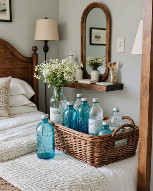 basket of blue and clear bottles on a bed