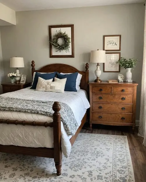 vintage style guest bedroom with bed, night stand, picture above the bed and wood dresser