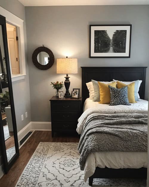 guest bedroom with bed, night stand and picture above the bed