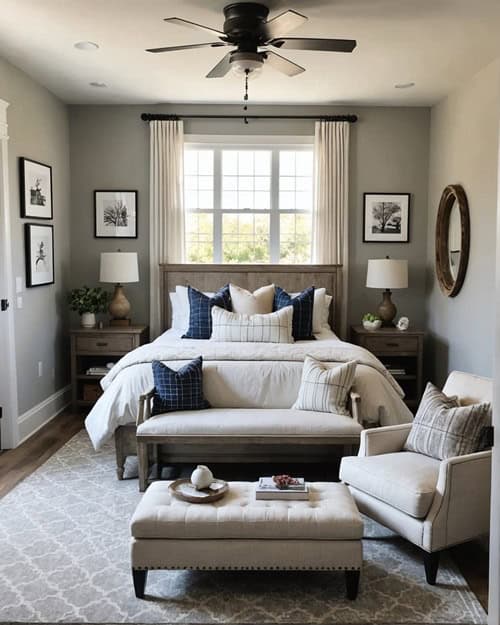 guest bedroom with queen bed in front of a window and a bench and chair at the foot of the bed