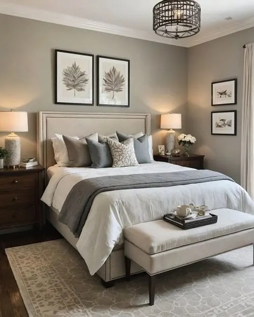 _guest bedroom with bed, night stands, wall art and bench at the foot of then bed