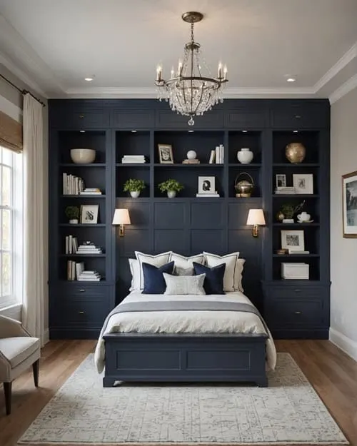 _guest bedroom with bed, navy blue built ins behind the bed and crystal chandelier