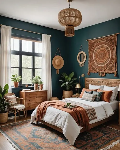 boho style guest bedroom with plants, wood dresser and wall art