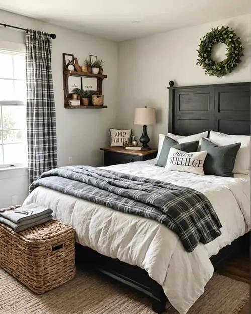 farmhouse guest bedroom with night stand, lamp and plaid curtains