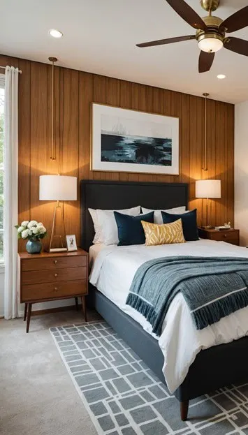 mid century modern guest bedroom with night stands, lamps and wood accent wall