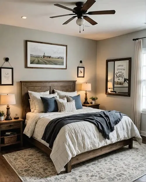 guest bedroom with night stands, lamps and wall decor