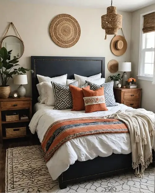 boho style guest bedroom with night stands, lamps and wall decor