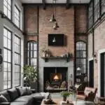 Industrial minimalist style living room with high ceilings, brick walls, concrete fireplace and gray couch (1)