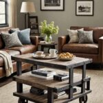 Industrial-style living room with a rugged factory cart turned coffee table