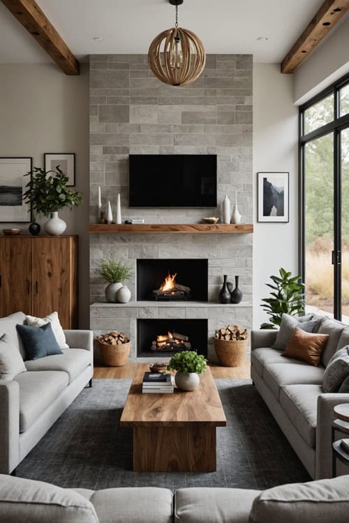 living room with a large gray sectional couch , window and fire place 