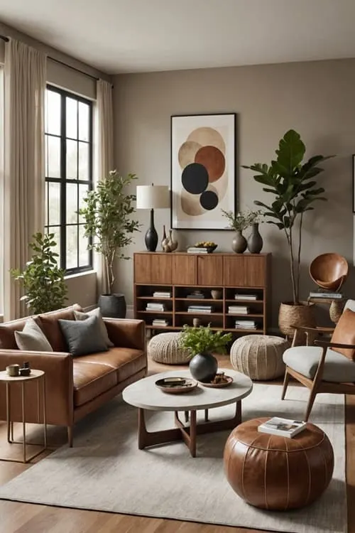 living room with couch, chairs in a neutral color palette