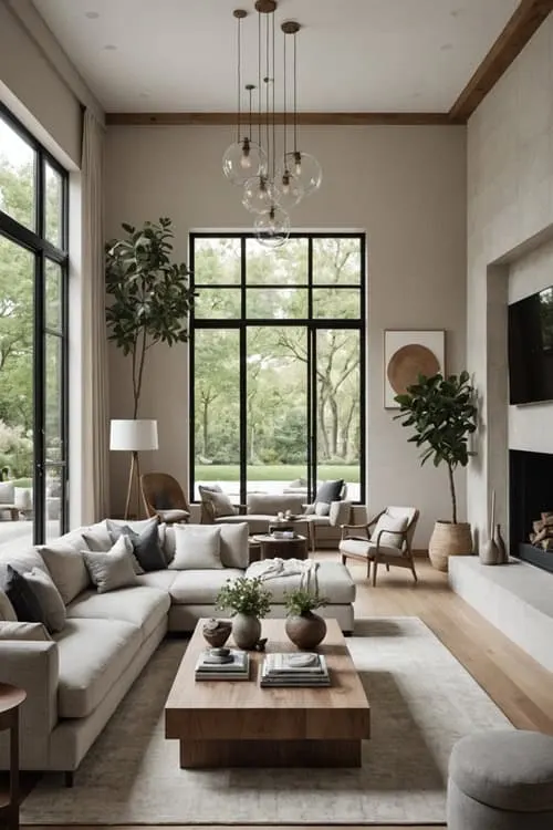 Organic Modern Living Room with large windows and high ceilings