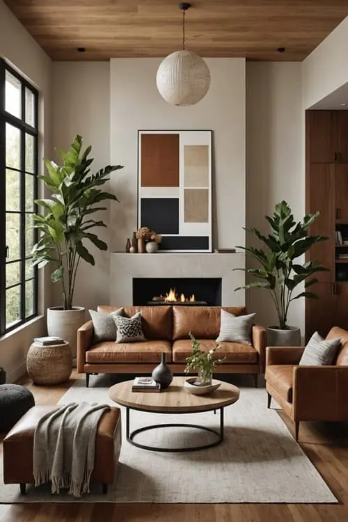 living room with sectional, wood coffee table, high wood slatted ceilings and a modern fireplace 