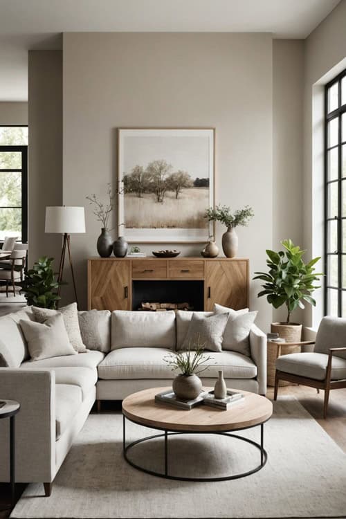 neutral modern living room with light beige sectional, sideboard and art on the wall 