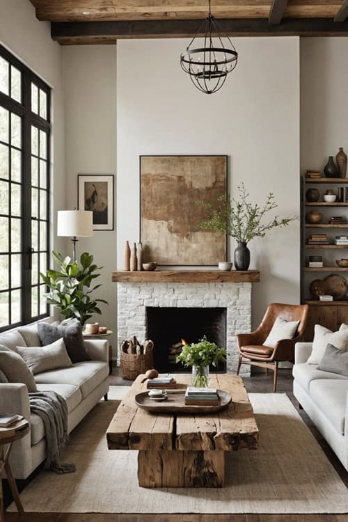 living room with high ceilings, fireplace, two couches , raw wood coffee table