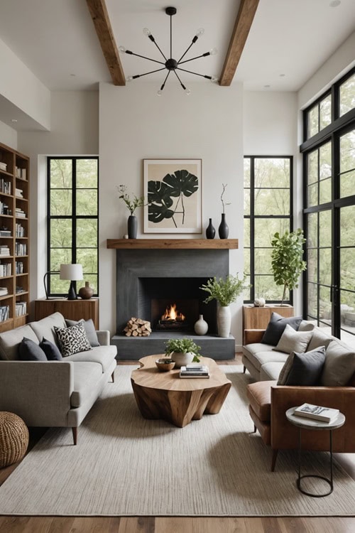 living room with high ceilings, fireplace, two couches , raw wood coffee table and wood beams on the ceiling 