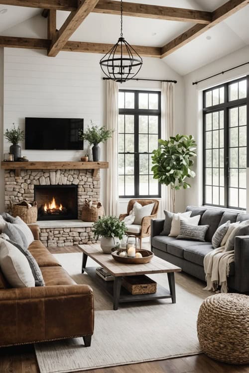 living room with gray and leather couches, stone fireplace and high ceilings