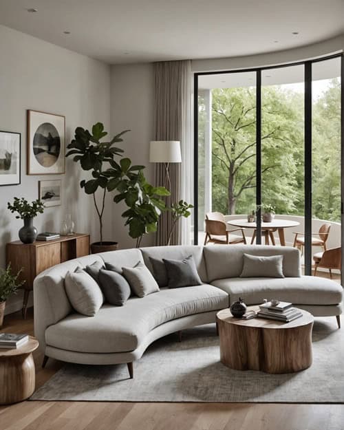 living room with gray curved sectional, wood coffee table and floor to ceiling windows 