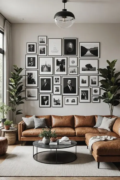 living room with leather couch and gallery picture wall