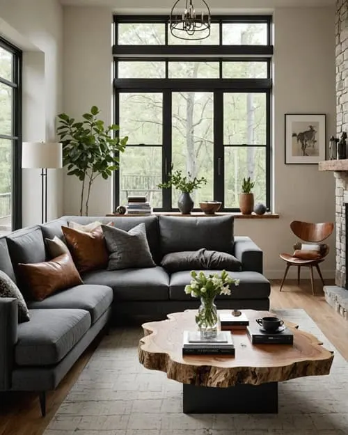 Organic Modern living room with gray sectional and live edge coffee table