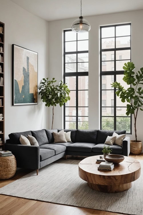 modern living room with gray sectional couch, wood coffee table, large windows and high ceilings 