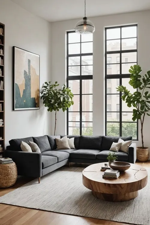 modern living room with gray sectional couch, wood coffee table, large windows and high ceilings 