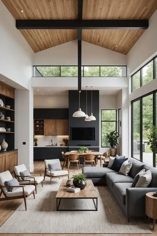 open concept modern living room with gray sectional couch, wood coffee table, large windows and high ceilings and kitchen 