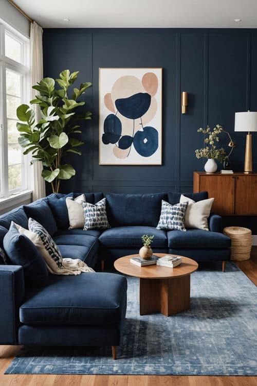 living room with blue sectional couch, blue walls, wood coffee table and plant in the corner