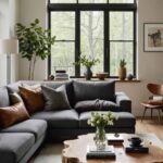 Organic Modern living room with gray sectional and live edge coffee table