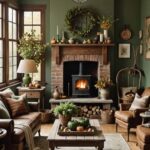 Rustic living room with earthy green and brown autumn decor, brick fireplace , couch and chairs