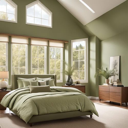 bedroom with green sage walls, bed, and high ceilings