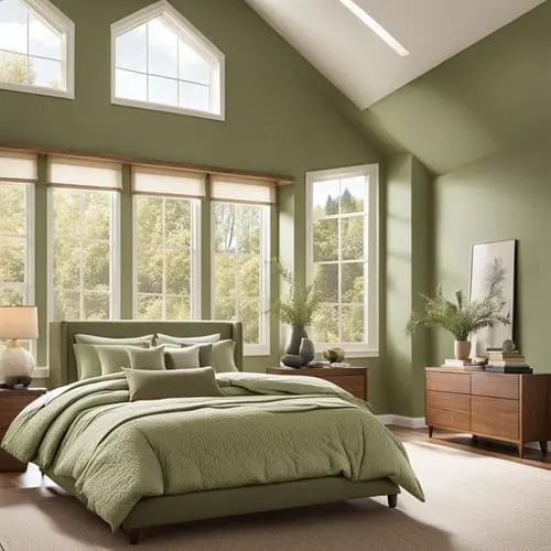 bedroom with green sage walls, bed, and high ceilings