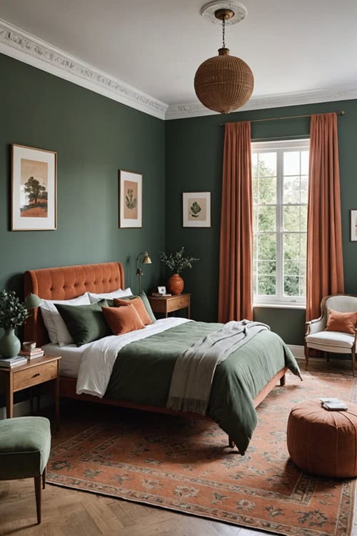 feminine bedroom with green sage walls, bed with green and terracotta bedding and art on the wall